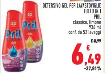 Conad DETERSIVO GEL PER LAVASTOVIGLIE TUTTO IN 1 PRIL classico, limone 936 ml conf. da 52 lavaggi offerta