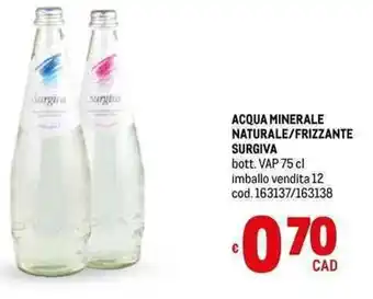 Metro ACQUA MINERALE NATURALE/FRIZZANTE SURGIVA bott. VAP 75 cl imballo vendita 12 cod. 163137/163138 offerta