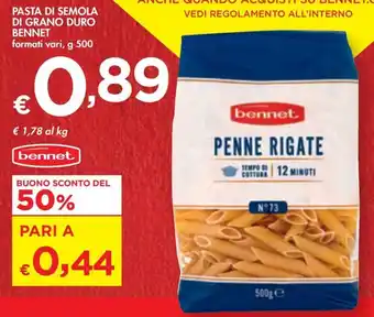 Bennet PASTA DI SEMOLA DI GRANO DURO BENNET formati vari, g 500 offerta
