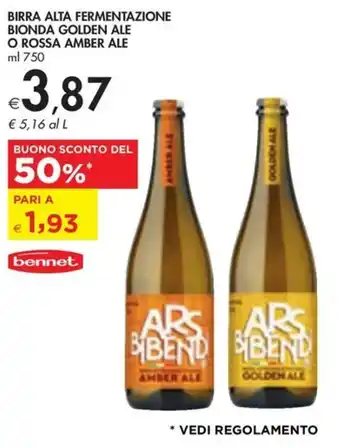 Bennet BIRRA ALTA FERMENTAZIONE BIONDA GOLDEN ALE O ROSSA AMBER ALE ml 750 offerta