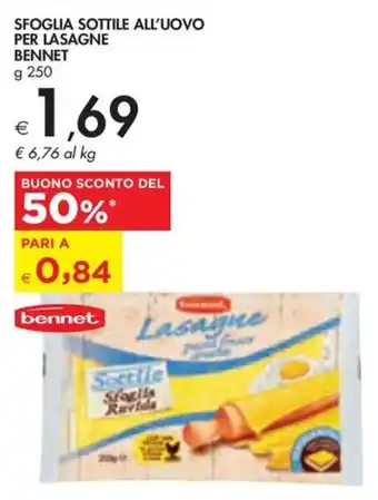 Bennet SFOGLIA SOTTILE ALL'UOVO PER LASAGNE BENNET g 250 offerta