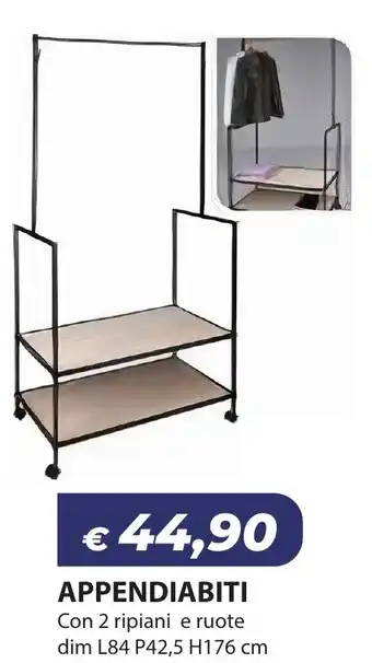 APPENDIABITI Con 2 ripiani e ruote dim L84 P42,5 H176 cm