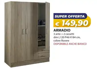 Bricocasa ARMADIO 3 ante + 2 cassetti dim L120 P46 H184 cm, offerta