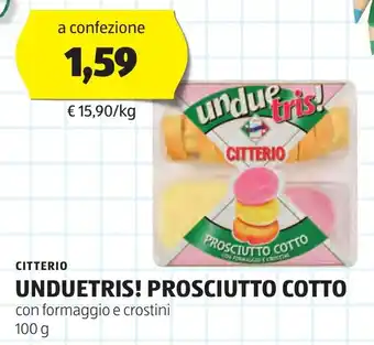 ALDI CITTERIO UNDUETRIS! PROSCIUTTO COTTO con formaggio e crostini 100 g offerta