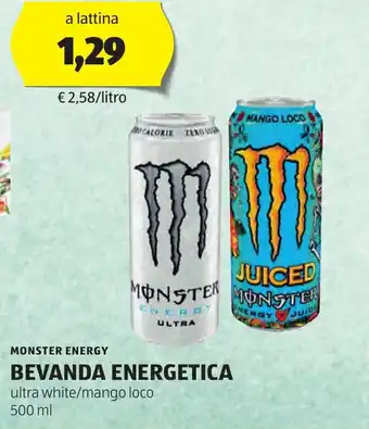 ALDI MONSTER ENERGY BEVANDA ENERGETICA ultra white/mango loco 500 ml offerta