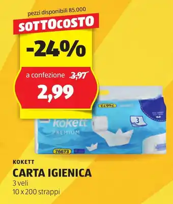ALDI KOKETT CARTA IGIENICA 3 veli 10 x 200 strappi offerta