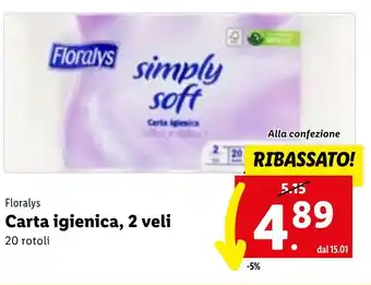 Lidl Floralys Carta igienica, 2 veli 20 rotoli offerta