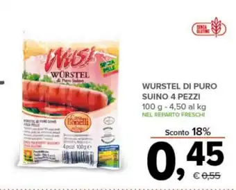Todis WURSTEL DI PURO SUINO 4 PEZZI 100 g offerta