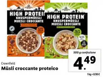 Lidl Crownfield Müsli croccante proteico 500 g confezione offerta