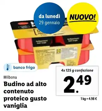Lidl Milbona Budino ad alto contenuto proteico gusto vaniglia 4x 125 g confezione offerta