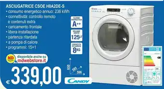 MD Discount Candy Smart Pro CSOE H8A2DE-S Asciugatrice Libera Installazione Caricamento Frontale 8 Kg A++ Bianco offerta