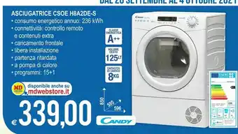 MD Discount Candy Smart Pro CSO H8A2DE-S Asciugatrice Libera Installazione Caricamento Frontale 8 Kg A++ Bianco offerta