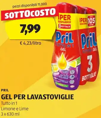 ALDI PRIL GEL PER LAVASTOVIGLIE Tutto in 1 Limone in Lime 3 x 630 ml offerta