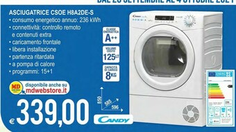 MD Discount Candy Smart Pro CSO H8A2DE-S Asciugatrice Libera Installazione Caricamento Frontale 8 Kg A++ Bianco offerta