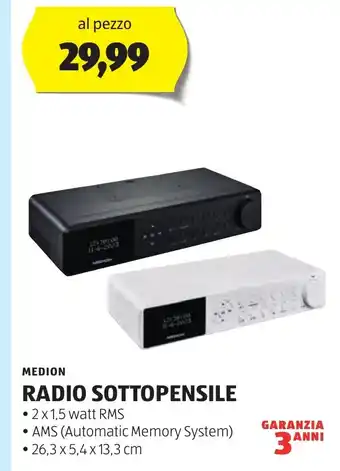 ALDI MEDION RADIO SOTTOPENSILE • 2x1,5 watt RMS • AMS (Automatic Memory System) • 26,3 x 5,4 x 13,3 cm offerta