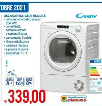 MD Discount Candy Smart Pro CSO H8A2DE-S Asciugatrice Libera Installazione Caricamento Frontale 8 Kg A++ Bianco offerta
