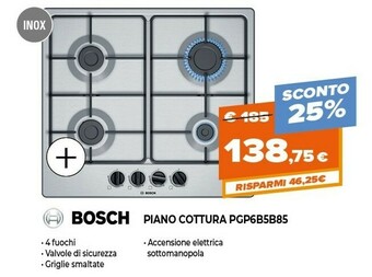 Expert Bosch Serie 4 PGP6B5B85 Piano Cottura Acciaio Inossidabile Da Incasso 58 Cm Gas 4 Fornello(i) offerta