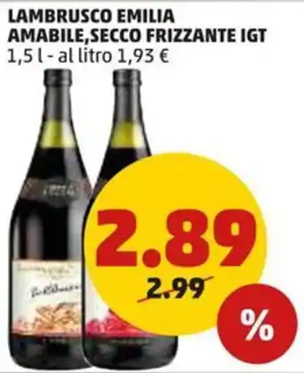 PENNY LAMBRUSCO EMILIA AMABILE, SECCO FRIZZANTE IGT 1,5 L offerta