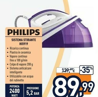 Unieuro Philips HI5919/31 Ferro Da Stiro Ferro A Vapore Ceramica 2400 W Viola, Bianco offerta