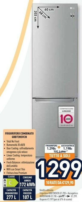 Unieuro LG GBB72NSVCN.ANSQEUR Frigorifero Con Congelatore Libera Installazione 384 L C Acciaio Inossidabile offerta