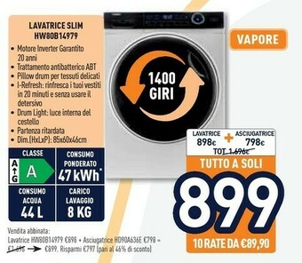 Unieuro Haier 979 HW80-B14979 Lavatrice Libera Installazione Caricamento Frontale 8 Kg 1400 Giri/min Bianco offerta