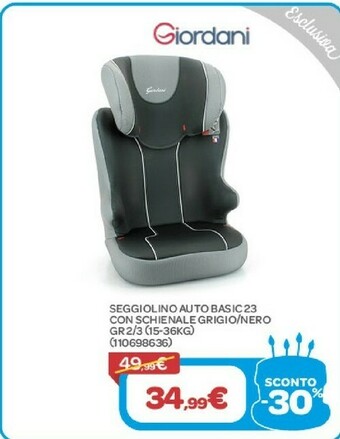 Bimbo Store Giordani Seggiolino Auto Basic 23 Con Schienale Grigio/ Nero Gr2/3 (15-36kg) offerta