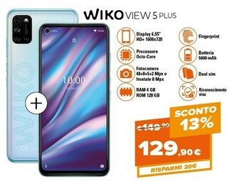 Expert Wiko VIEW5 PLUS 16,6 Cm (6.55") 4 GB 128 GB Doppia SIM 4G Micro-USB Blu Android 10.0 5000 MAh offerta