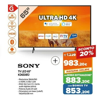 Expert Sony BRAVIA KD65X81J - Smart Tv 65 Pollici, 4k Ultra HD LED, HDR, Con Google TV (Nero, Modello 2021) offerta
