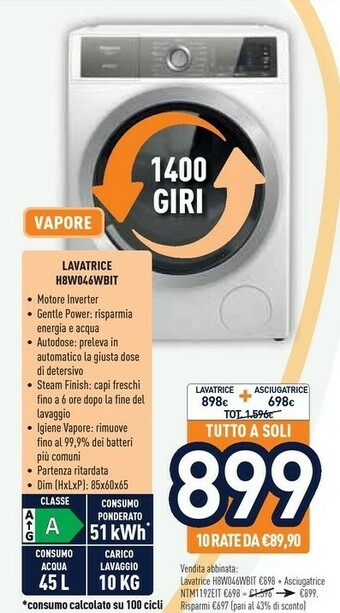 Unieuro Hotpoint H8 W046WB IT Lavatrice Libera Installazione Caricamento Frontale 10 Kg 1350 Giri/min A Bianco offerta