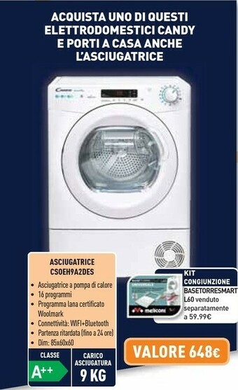 Unieuro Candy CSOE H9A2DE-S Asciugatrice Libera Installazione Caricamento Frontale 9 Kg A++ Bianco offerta