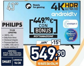 Unieuro Philips 7900 Series 43PUS7906/12 TV 109,2 Cm (43") 4K Ultra HD Smart TV Wi-Fi Grigio offerta