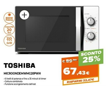 Expert Toshiba MW-MG20P Superficie Piana Solo Microonde 20 L 800 W Nero, Bianco offerta
