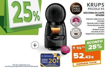 Expert Krups Piccolo XS Nescafé Dolce Gusto KP1A3B Macchina Per Caffè, Espresso E Altre Bevande, Manuale, Nero offerta