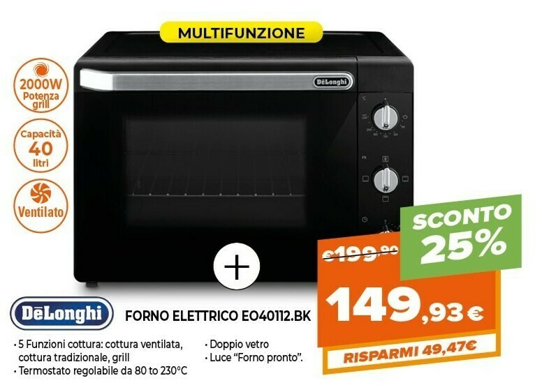 DeLonghi EO40112.BK Forno Forno Elettrico 40 L 2000 W Nero offerta di Expert