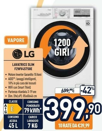 Unieuro LG F2WV4S7S0E Lavatrice Slim Intelligente AIDD 7kg Vapore 1200 Giri/min Carica Frontale Classe E offerta