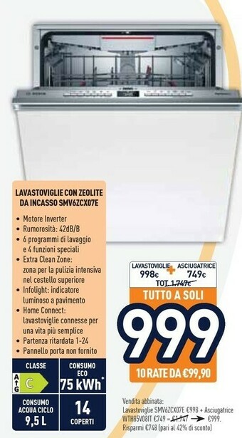 Unieuro Bosch Serie 6 SMV6ZCX07E Lavastoviglie offerta