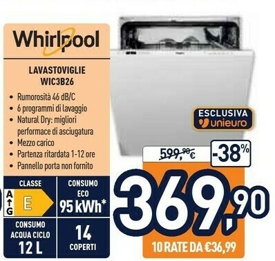 Whirlpool WIC 3B26 Lavastoviglie A Scomparsa Totale 14 Coperti E offerta di  Unieuro