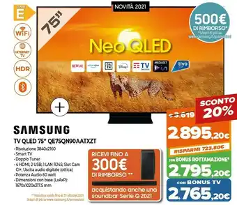 Expert Samsung Series 9 QE75QN90AAT 190,5 Cm (75") 4K Ultra HD Smart TV Wi-Fi Nero offerta