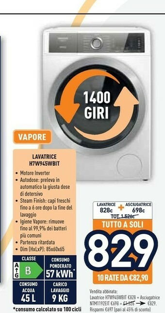 Unieuro Hotpoint H7 W945WB IT Lavatrice Libera Installazione Caricamento Frontale 9 Kg 1400 Giri/min B Bianco offerta