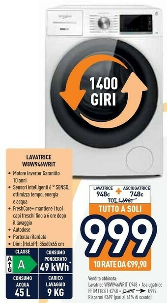 Unieuro Whirlpool W8W946WRIT offerta