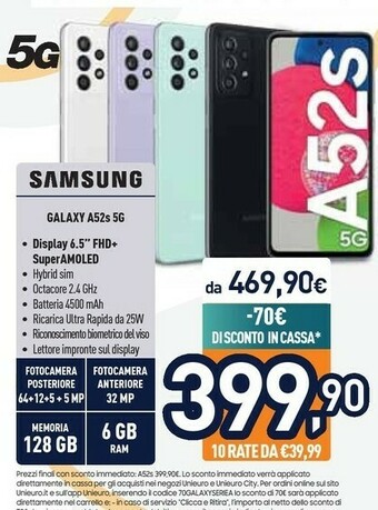 Unieuro Samsung Galaxy A52s 5G Display 6.5” FHD+ Super AMOLED 128GB Awesome Green offerta