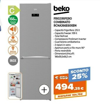 Expert Beko Beko RCNA366E60XBN frigorifero con congelatore Libera installazione 324 L C Metallico offerta