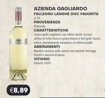 Docks Cash&Carry Azienda Gagliardo Fallegro Langhe DOC Favorita 750 Ml offerta