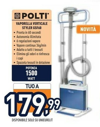 Unieuro Polti GSF60 Vapore Verticale Per Indumento 2 L Blu, Bianco 1800 W offerta