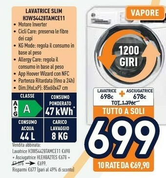 Unieuro Hoover H-WASH 300 PLUS H3WS4428TAMCE-11 Lavatrice Libera Installazione Caricamento Frontale 8 Kg 1200 Giri/min A Bianco offerta