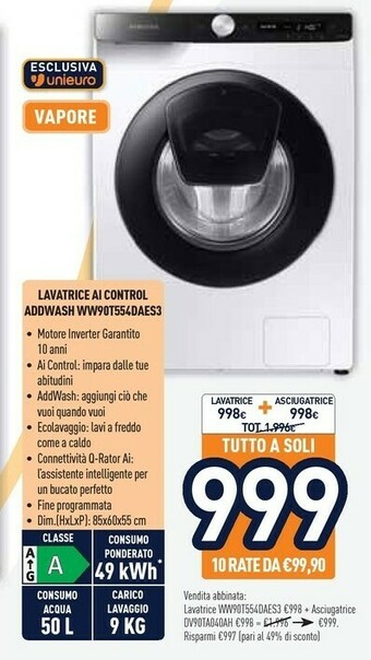 Unieuro Samsung WW90T554DAE Lavatrice Libera Installazione Caricamento Frontale 9 Kg 1400 Giri/min Bianco offerta