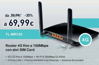 Unieuro TP-LINK TL-MR150 Router Wireless Banda Singola (2.4 GHz) Fast Ethernet 3G 4G Nero offerta