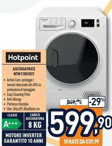 Hotpoint NT M11 8X3E IT Asciugatrice Libera Installazione Caricamento  Frontale 8 Kg A+++ Bianco offerta di Unieuro