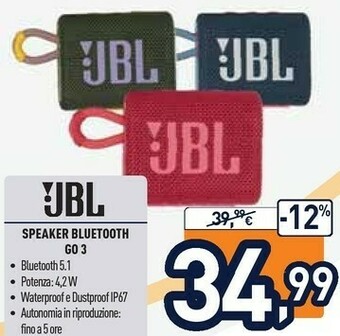 Unieuro Jbl GO 3 Nero 4,2 W offerta