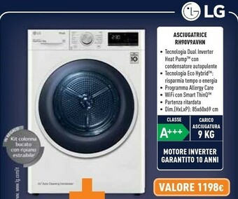 Unieuro LG RH90V9AVHN Asciugatrice Libera Installazione Caricamento Frontale 9 Kg A+++ Bianco offerta